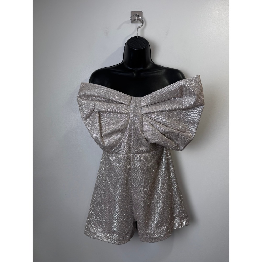 NWT Audette Astra Bow Front Romper Metallic Glittery Bow Party Medium